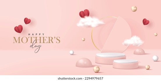 Mother's day poster for product demonstration. Pink pedestal or podium with pearls, cloud and flying hearts on pink background.