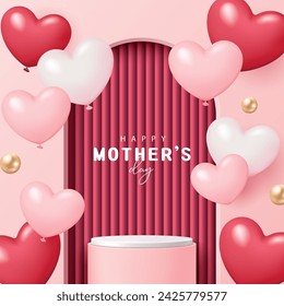 Mother's day poster for product demonstration. Pink pedestal or podium with heart-shaped balloons and pearls on pink background.