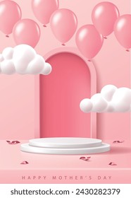 Afiche del Día de la Madre para la demostración del producto. Pedestal blanco o podio con globos sobre fondo rosa.