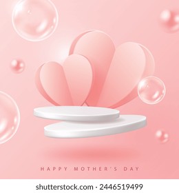 Mother's day poster for product demonstration. White pedestal or podium with hearts on pink background.