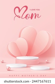 Afiche del Día de la Madre para la demostración del producto. Pedestal blanco o podio con corazones sobre fondo rosa.