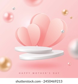 Mother's day poster for product demonstration. White pedestal or podium with hearts on pink background.