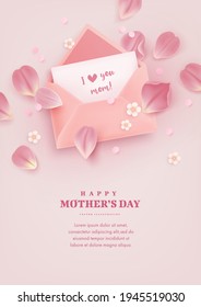 Mother's day poster with realistic flowers, tulip petals and envelope on pink background