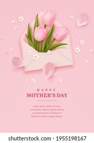 Mother's day poster with realistic flowers and envelope on pink background