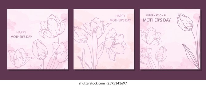 Mother's Day Poster. Set of Floral Posters for Mothers Day. Flower design Mother's Day Greeting Cards. Mothers Day background Templates with Floral Line Art. 