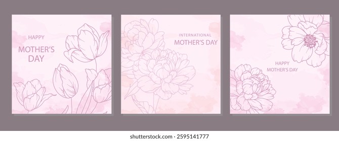 Mother's Day Poster. Set of Floral Posters for Mothers Day. Flower design Mother's Day Greeting Cards. Mothers Day background Templates with Floral Line Art. 
