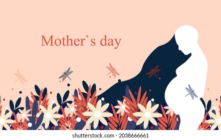 Mother's day poster. Silhouette of a pregnant woman surrounded by decorative flowers. Motherhood and love concept