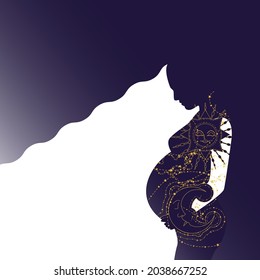 Mother's day poster. Silhouette of a pregnant woman surrounded by a starry sky. Motherhood and love concept