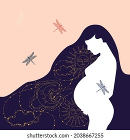 Mother's day poster. Silhouette of a pregnant woman surrounded by a starry sky. Motherhood and love concept