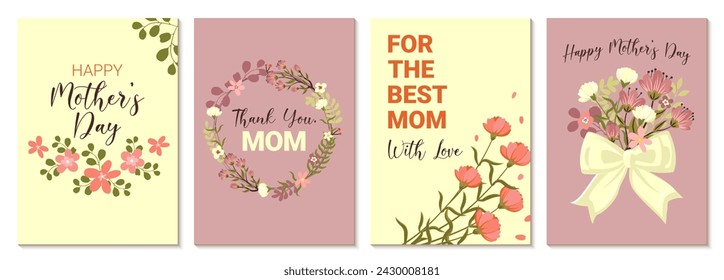 Afiches del día de la madre en estilo plano dibujado a mano con flores y vegetación en colores pastel y tipografía de moda. Plantillas vectoriales modernas para tarjetas de felicitación, banners, portadas, redes sociales.