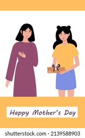 Mother's Day present concept. Smiling girl giving a present for her mother. Nice cute card, concept, poster, banner for Mother's Day. Vector illustration in flat style.