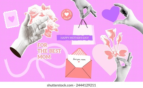 Mothers Day punk y2k collage elements collection. Halftone torn out hands person with flowers, heart, paper bag. Vector illustration collection