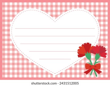 Mother's Day red carnation horizontal message card. Heart-shaped frame with pink plaid pattern.