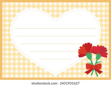 Mother's Day red carnation horizontal message card. Heart-shaped frame with yellow plaid pattern.