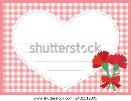 Mother's Day red carnation horizontal message card. Heart-shaped frame with pink plaid pattern.
