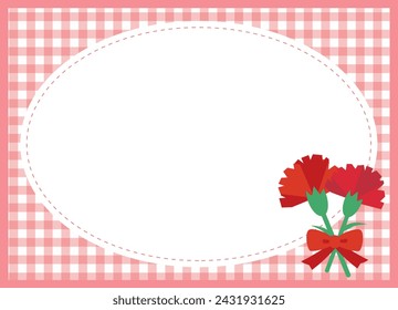 Mother's Day red carnation message card. Pink plaid oval frame.