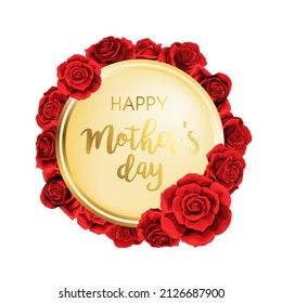 Mothers day Red rose flowers circle frame design element vector illustration. Card template element for postcard design or photo frame isolated on white background