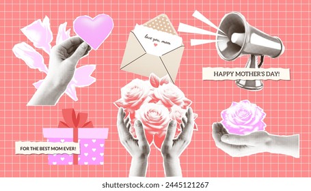 Mothers Day retro halftone style collage stickers set. Trendy art torn paper cutout hands person, megaphone, flowers. Holiday 90s pop style elements. Vector illustration collection