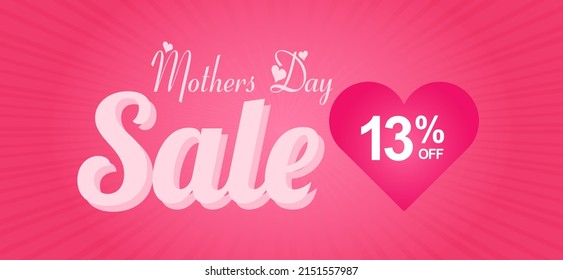 Mother's Day Sale 13% off. Banner with pink love heart and glowing discount lights in the background