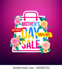 Mothers Day Sale 50% Discount with Shopping bag sign and Flower for Banners,Flyers,Posters, Brochure,Invitation and Voucher Discount and Hot Price.Vector illustration EPS 10