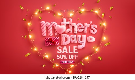 Mother's Day Sale 50% off Poster or banner with love heart and symbol of heart from LED lights on red background.Promotion and shopping template or background for Love and Mother's day concept.