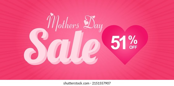 Mother's Day Sale 51% off. Banner with pink love heart and glowing discount lights in the background