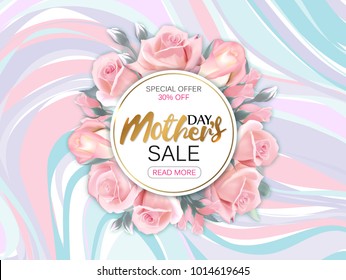 Mother's day sale background with beautiful pink roses on marble background. Vector illustration template banners. Wallpaper flyers, invitation, posters, brochure, voucher discount.