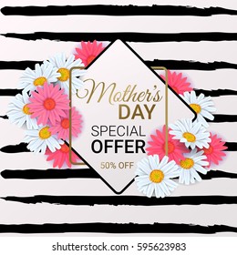  Mother's Day Sale background with beautiful colorful flower. Vector template for wallpaper, flyers, invitation, posters, brochure, discount voucher, banner.