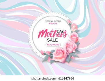 Mother's day sale background with beautiful pink roses on marble background. Vector illustration template banners. Wallpaper flyers, invitation, posters, brochure, voucher discount.