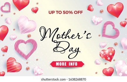 Mother's day sale background with  hearts.   Can be used for template, banners, wallpaper, flyers, invitation, posters, brochure, voucher discount. Vector illustration