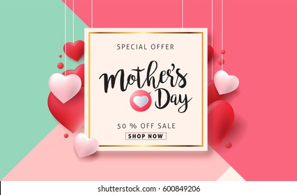 Mothers day sale background layout with Heart Shaped Balloons for banners,Wallpaper,flyers, invitation, posters, brochure, voucher discount.Vector illustration template.