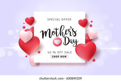 Mothers day sale background layout with Heart Shaped Balloons for banners,Wallpaper,flyers, invitation, posters, brochure, voucher discount.Vector illustration template.