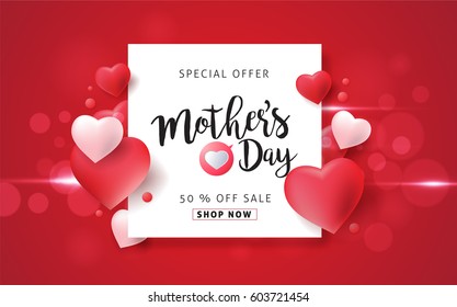 Mothers day sale background layout with Heart Shaped Balloons for banners,Wallpaper, flyers, invitation, posters, brochure, voucher discount.Vector illustration template.