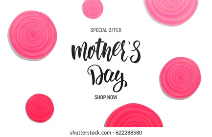 Mothers Day sale background layout. Banner with calligraphy lettering and rose flowers.