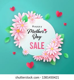 Mother's Day sale banner with beautiful chamomile flowers. Paper cut style, digital craft style. Spring or summer holiday illustration for greeting card, banner, poster, flyer, coupon.