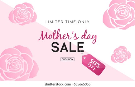 Mother's day sale banner with beautiful pink roses shape on pink and white background, Mother's day sale vector illustration.