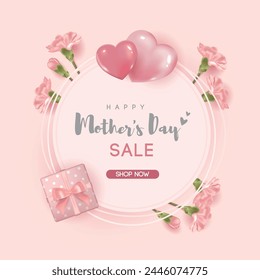 Mother's day sale banner with carnations, heart balloons and  gift