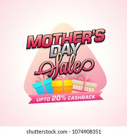 Mother's Day Sale Banner Design with colorful giftboxes and upto 20% cashback option.