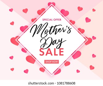 Mother`s Day sale banner elegant lettering and pink hearts. Calligraphy vector text special offer SALE and pink hearts on background for Mother's Day