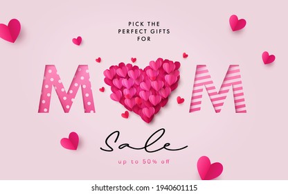 Mothers Day Sale banner. Holiday background with big heart made of pink and red Origami Hearts on soft pink background with paper cut Mom text. Design for fashion ads, poster, flyer, card, website