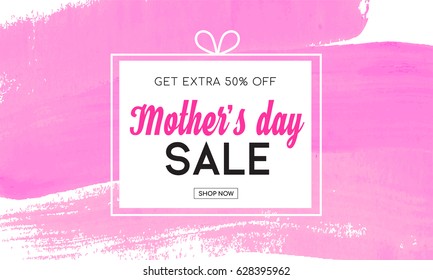 Mother's day sale banner with pink watercolor brush stroke background, Mother's day sale vector illustration.