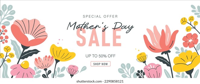 Mother's day sale banner, poster, background design with beautiful blossom flowers.