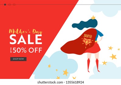 Mothers Day Sale Banner with Superhero Mother for Landing Page. Mother Day Promo Seasonal Discount Spring Design for Website, Web Page. Vector illustration