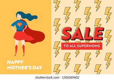 Mothers Day Sale Banner with Superhero Mother for Landing Page. Mother Day Promo Seasonal Discount Spring Design for Website, Web Page. Vector illustration