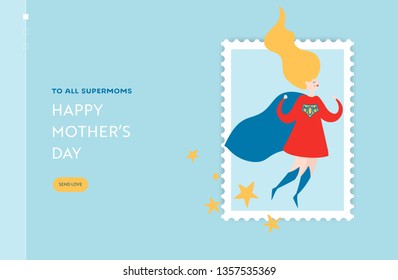 Mothers Day Sale Banner with Superhero Mother for Landing Page. Mother Day Promo Seasonal Discount Spring Design for Website, Web Page. Vector illustration