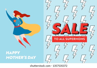 Mothers Day Sale Banner with Superhero Mother for Landing Page. Mother Day Promo Seasonal Discount Spring Design for Website, Web Page. Vector illustration