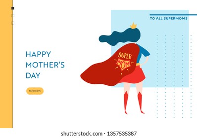 Mothers Day Sale Banner with Superhero Mother for Landing Page. Mother Day Promo Seasonal Discount Spring Design for Website, Web Page. Vector illustration