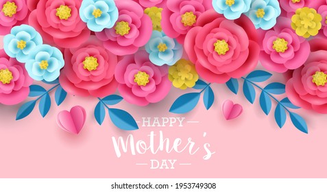 Mother's day sale banner template for social media advertising, invitation or poster design with paper art flowers background.
