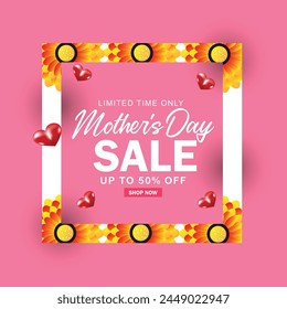 Mothers day sale banner template for social media advertising, invitation or poster design with beautiful colourful flower background