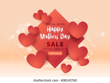 Mothers Day Sale Banner Template For Social Media Advertising, Invitation Or Poster Design With Paper Art Hearts Background. Vector Illustration